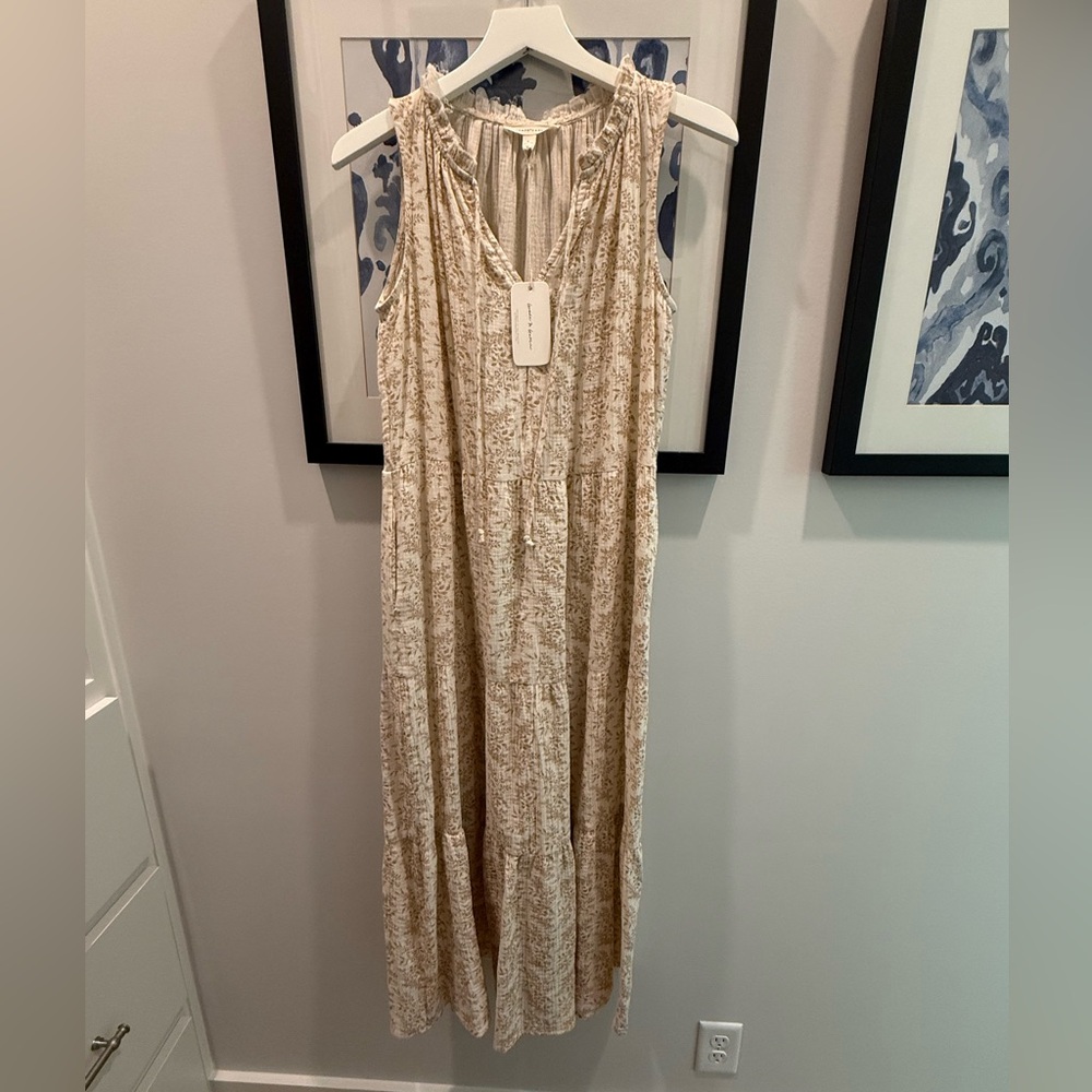 NWT Grade & Gather Neutral Floral Midi Dress | Beige Cream Tiered Boho- S